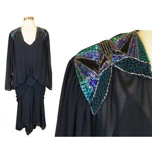 Vintage 80s 20s Drop Waist Black Sheer Flapper Beaded Full Skirt Party Dress S M
